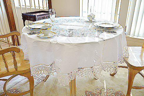 Battenburg Lace Round Tablecloth. 68"Round.With 8 napkins. White